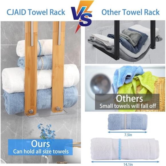 Towel Rack Bamboo 30" Wall Mounted, Rolled Towel Holder w/ Hook, 30" x 5" x 7.6" - Picture 3 of 7